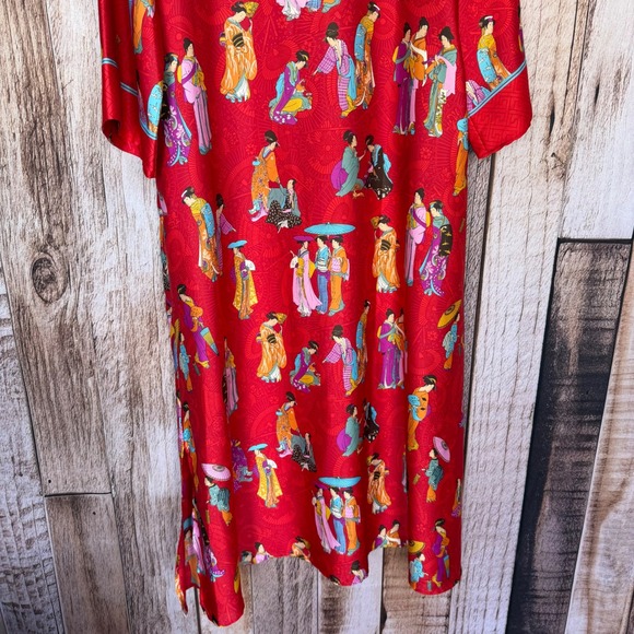 Natori Caftan Mumu Asian Figurative Print House Dress Art Lounge Red Small - Picture 6 of 7